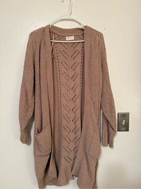 Open-Front Chunky Knit Cardigan Sweater in Taupe